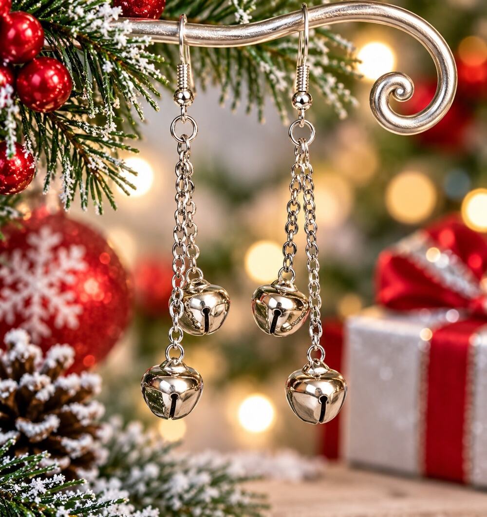 Handmade Christmas Jingle Bell Dangle Earrings Silver Tone Holiday #C37